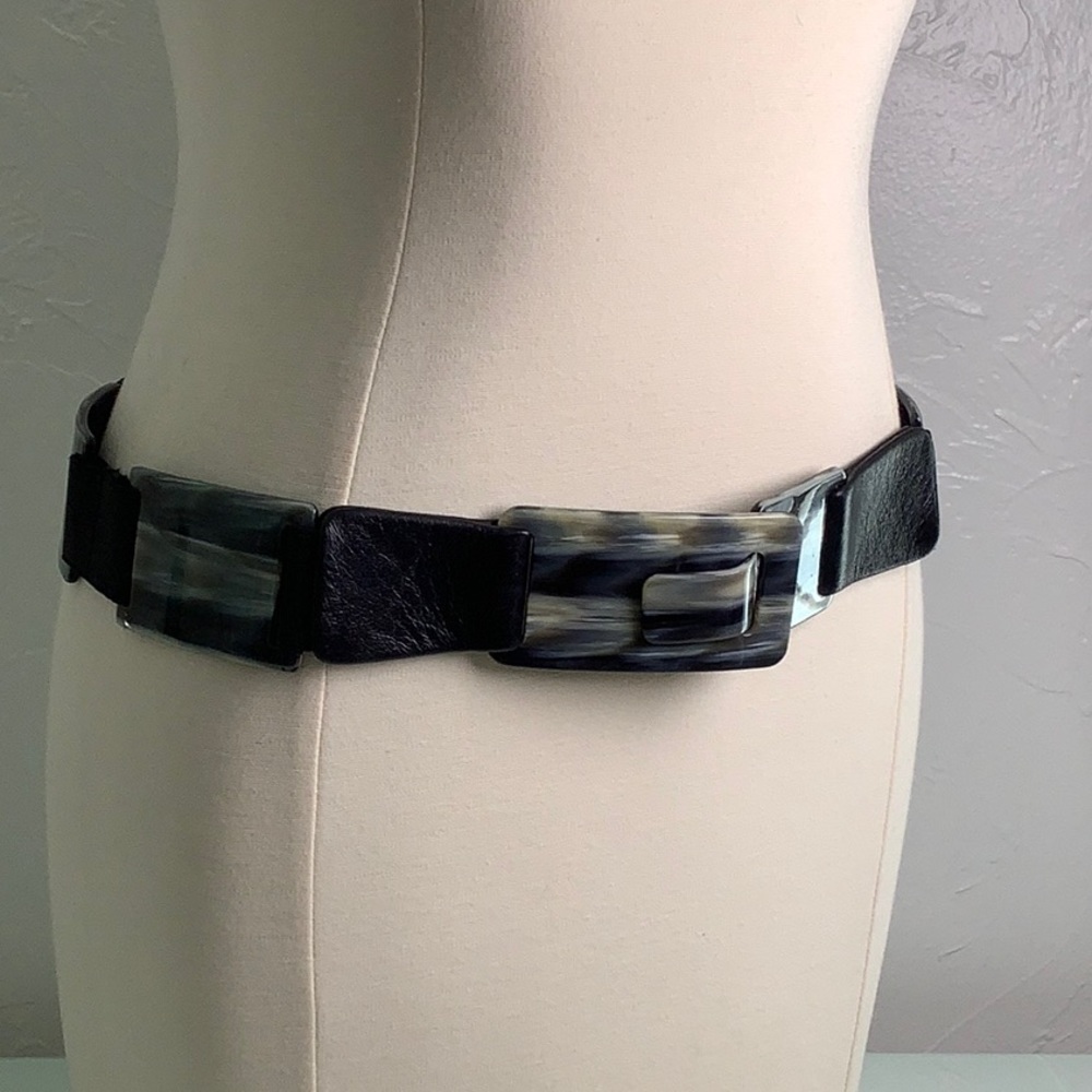 Sandy Duftler Designs Tortoiseshell and Leather elastic wide belt size S EUC